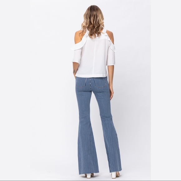 New! Judy Blue Hi Waist Super Flare Pin Stripe Dark Wash - Picture 5 of 11